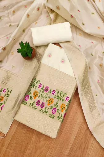 White soft banarasi silk pure zari woven design dress material