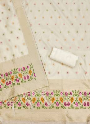 White soft banarasi silk pure zari woven design dress material 4
