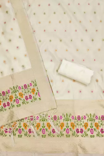 White soft banarasi silk pure zari woven design dress material
