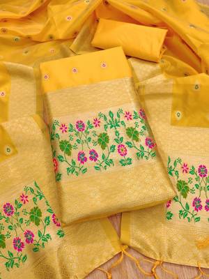 Yellow soft banarasi silk pure zari woven design dress material 1