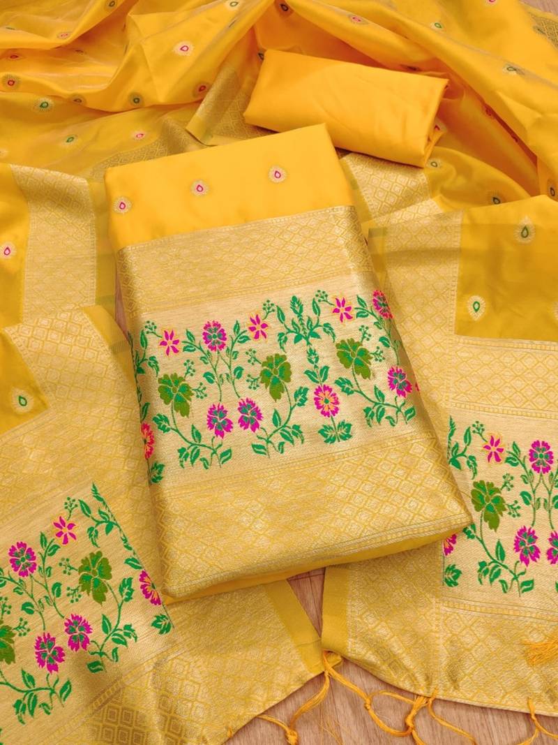 Yellow soft banarasi silk pure zari woven design dress material