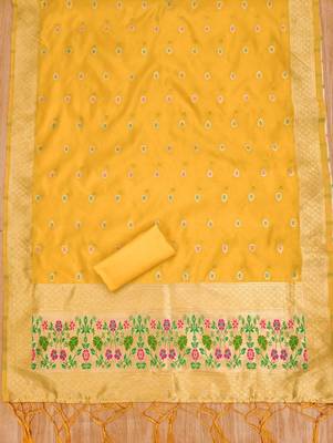 Yellow soft banarasi silk pure zari woven design dress material 2