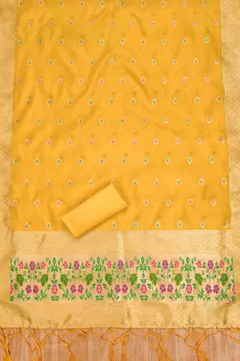 Yellow soft banarasi silk pure zari woven design dress material
