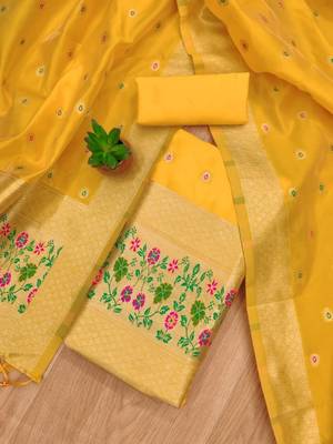 Yellow soft banarasi silk pure zari woven design dress material 3
