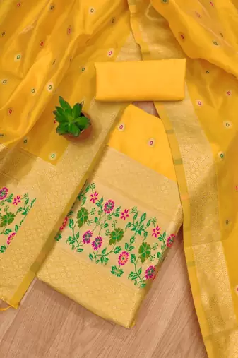 Yellow soft banarasi silk pure zari woven design dress material