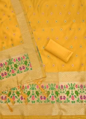 Yellow soft banarasi silk pure zari woven design dress material 4