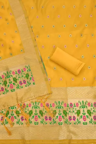 Yellow soft banarasi silk pure zari woven design dress material