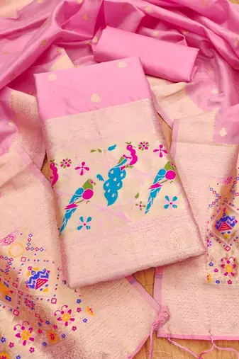 Baby pink soft banarasi silk pure zari woven design dress material