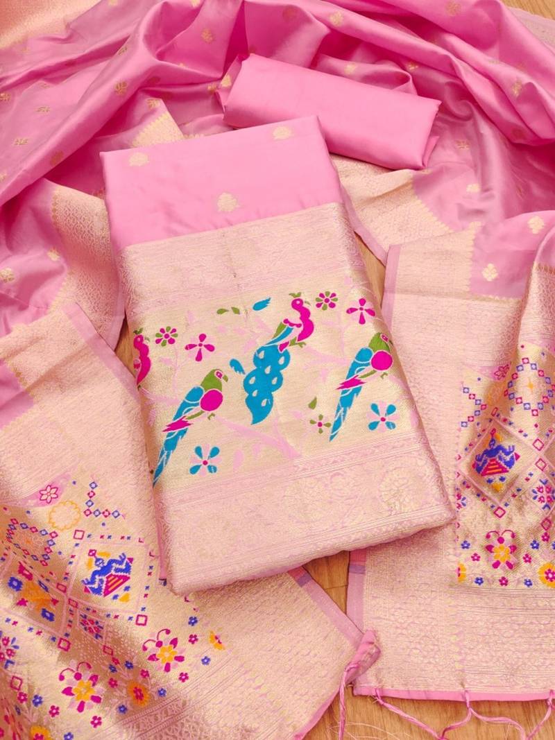 Baby pink soft banarasi silk pure zari woven design dress material