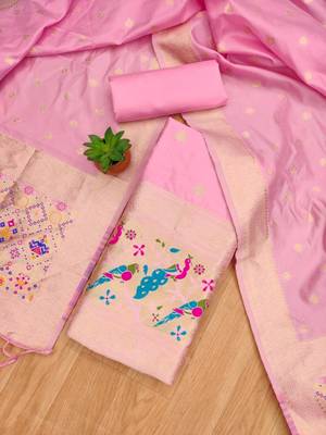 Baby pink soft silk blend silk pure zari woven dress material 3