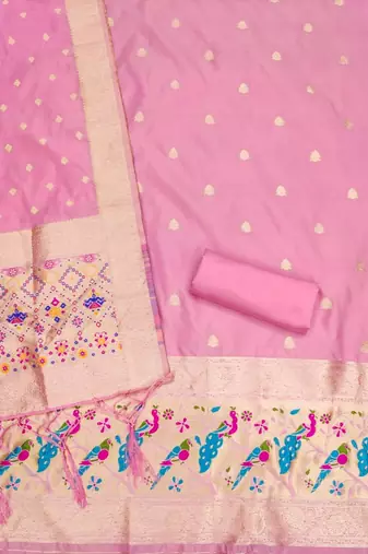 Baby pink soft silk blend silk pure zari woven dress material