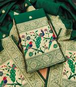 Bottle green soft banarasi silk pure zari woven design dress material