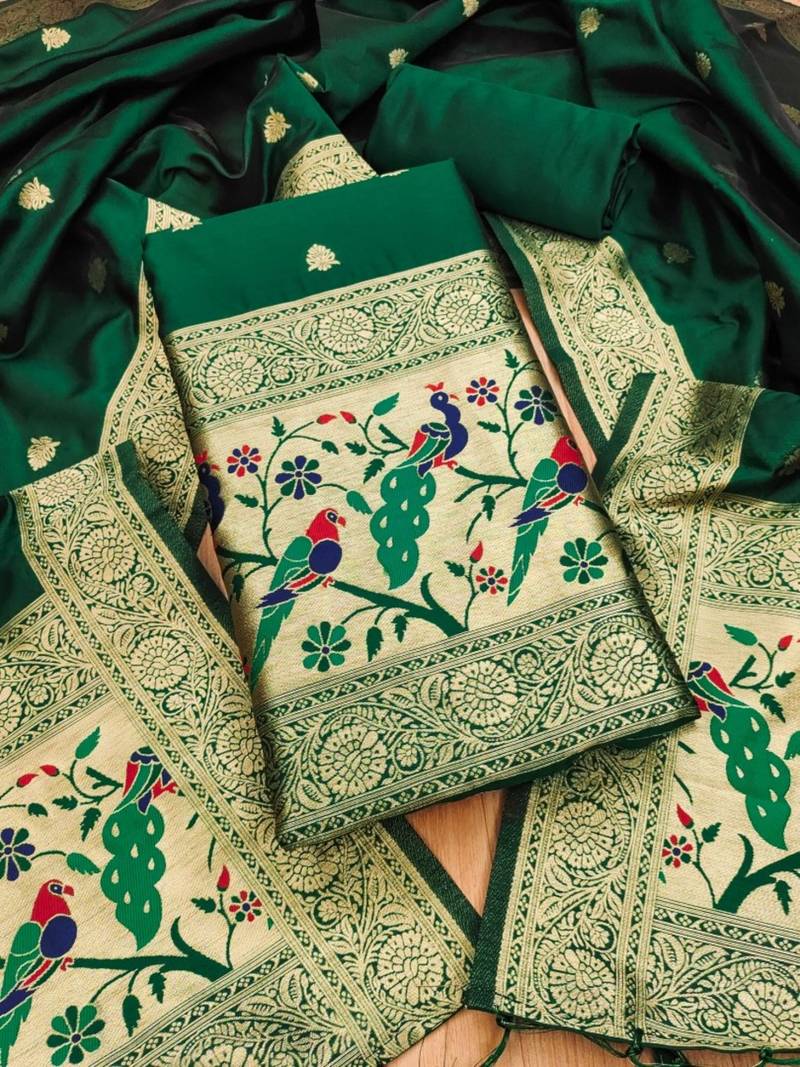 Bottle green soft banarasi silk pure zari woven design dress material