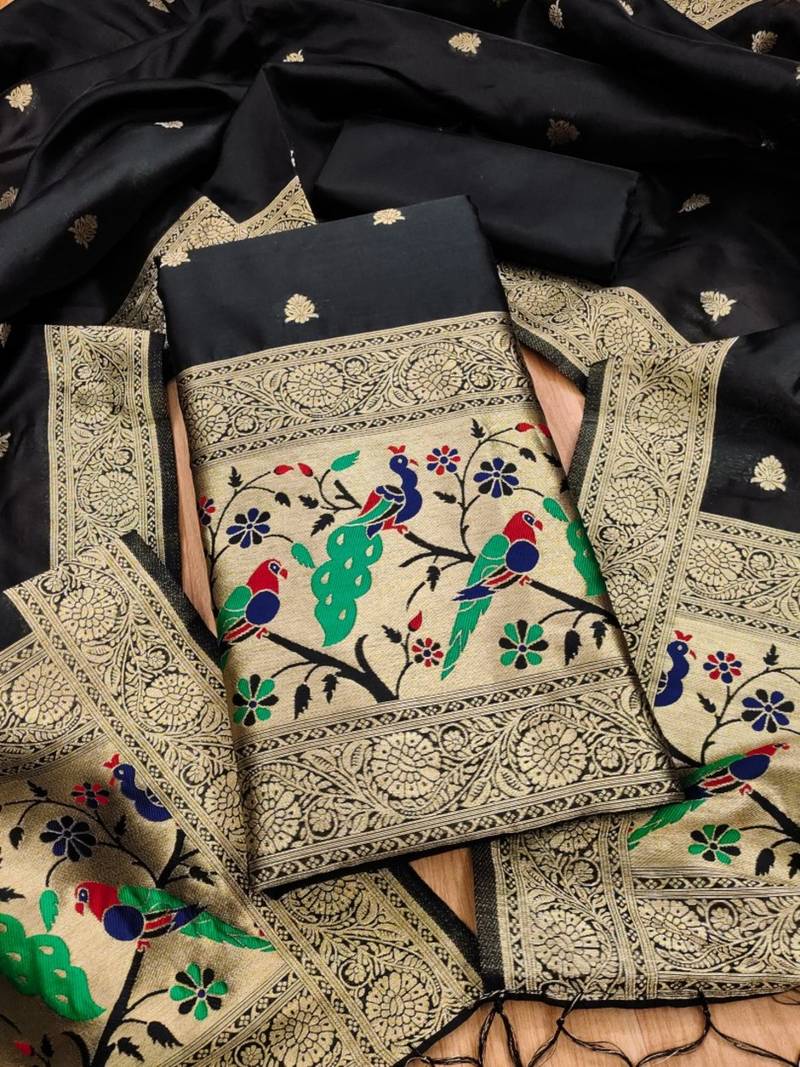 Black soft banarasi silk pure zari woven design dress material