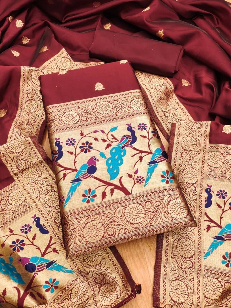 Maroon soft banarasi silk pure zari woven design dress material