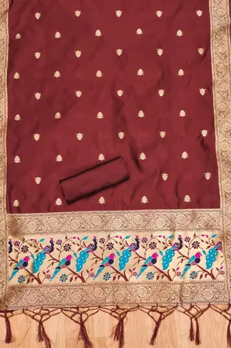 Maroon soft silk blend silk pure zari woven dress material