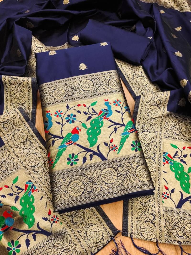 Navy blue soft banarasi silk pure zari woven design dress material
