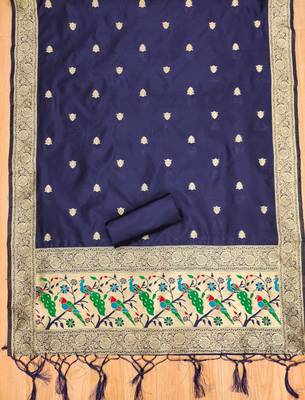 Navy blue soft silk blend silk pure zari woven dress material 2