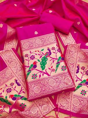Pink soft silk blend silk pure zari woven dress material 1