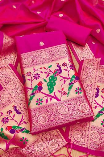 Pink soft banarasi silk pure zari woven design dress material