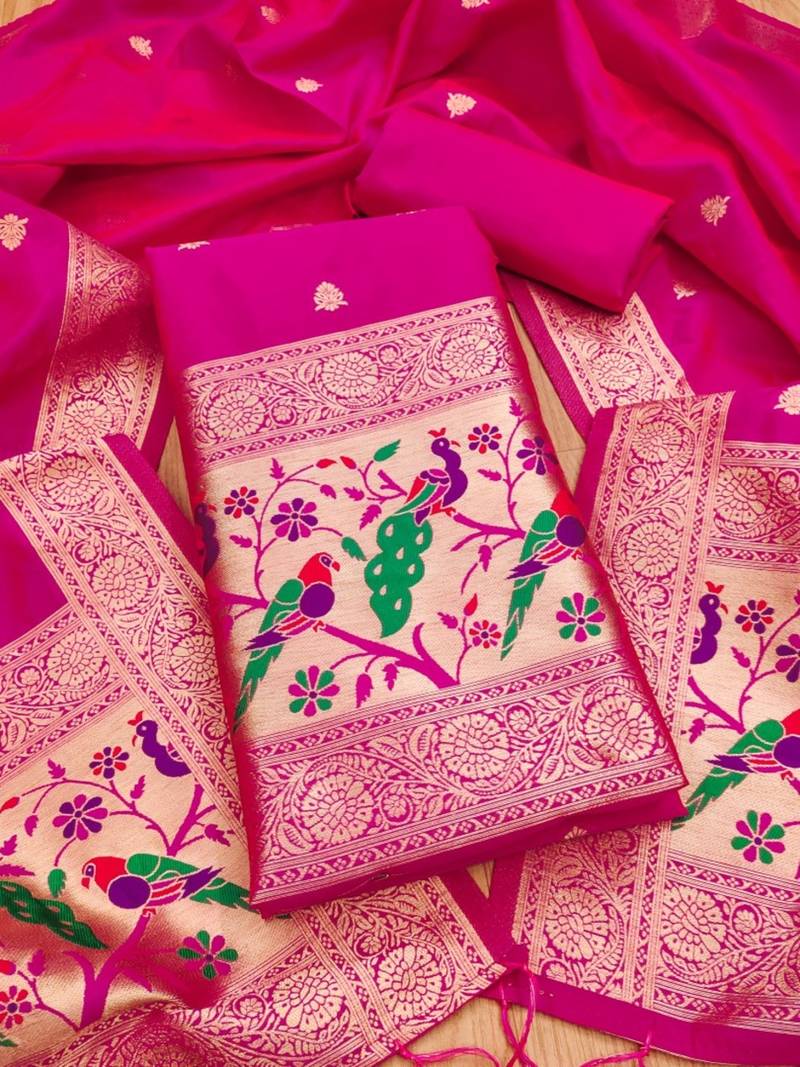 Pink soft banarasi silk pure zari woven design dress material