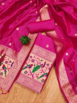 Pink soft silk blend silk pure zari woven dress material 3