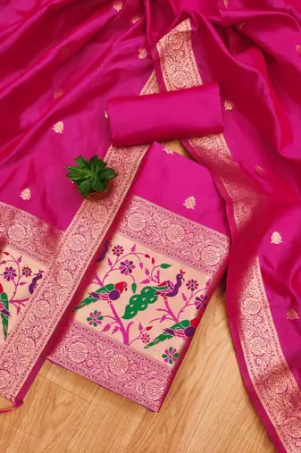 Pink soft silk blend silk pure zari woven dress material