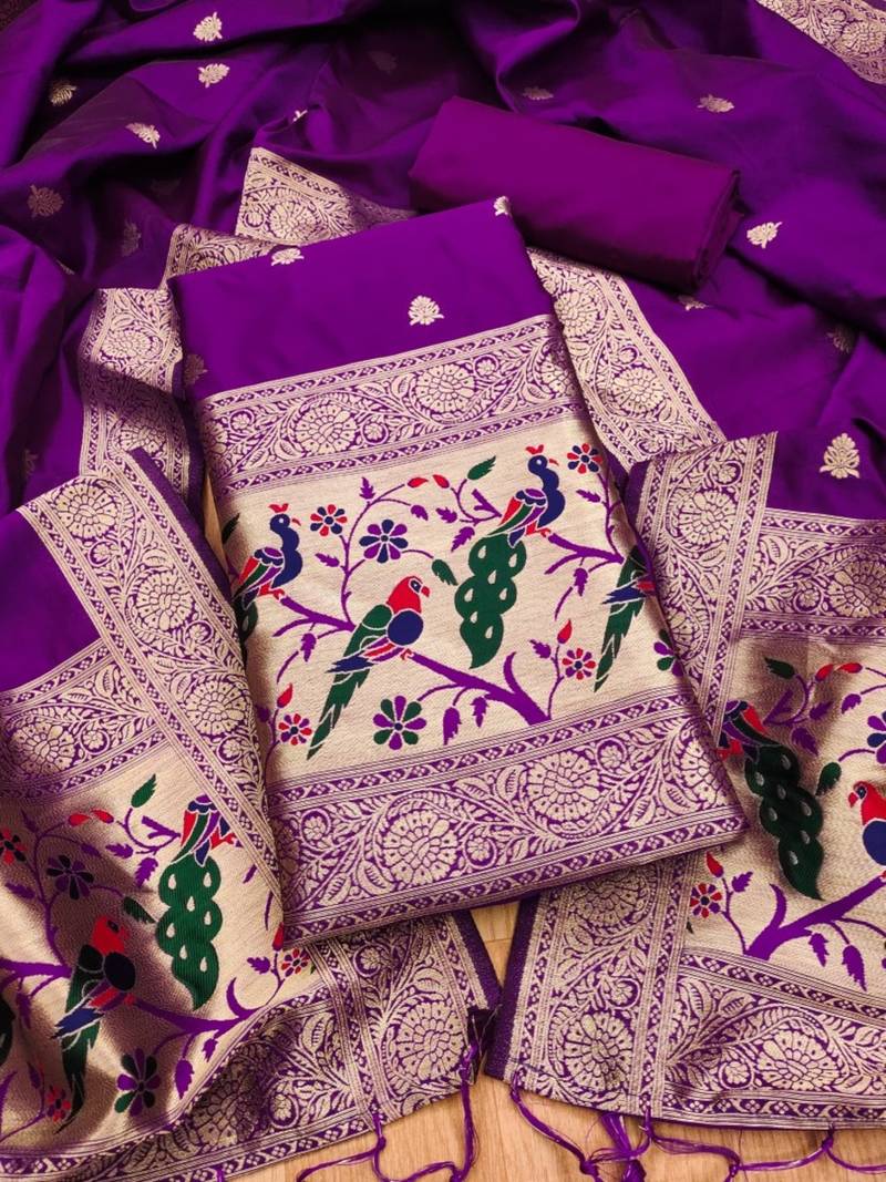 Purple soft banarasi silk pure zari woven design dress material