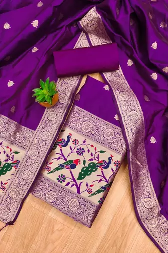 Purple soft silk blend silk pure zari woven dress material