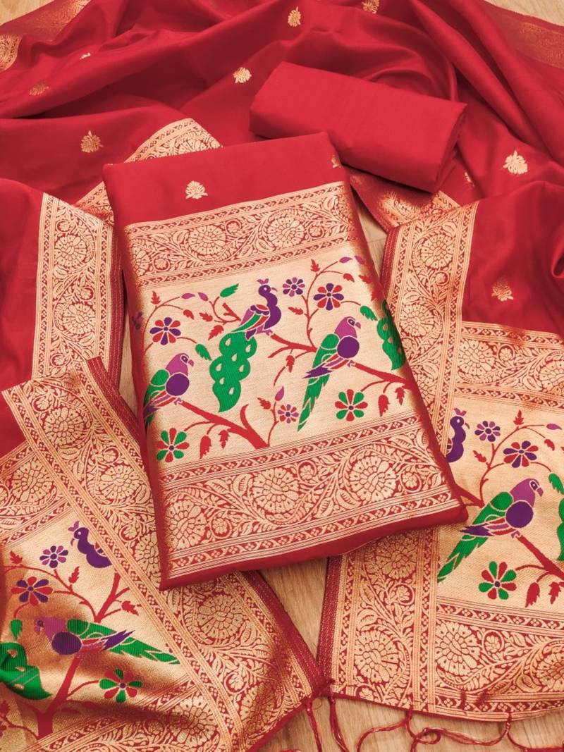Red soft banarasi silk pure zari woven design dress material
