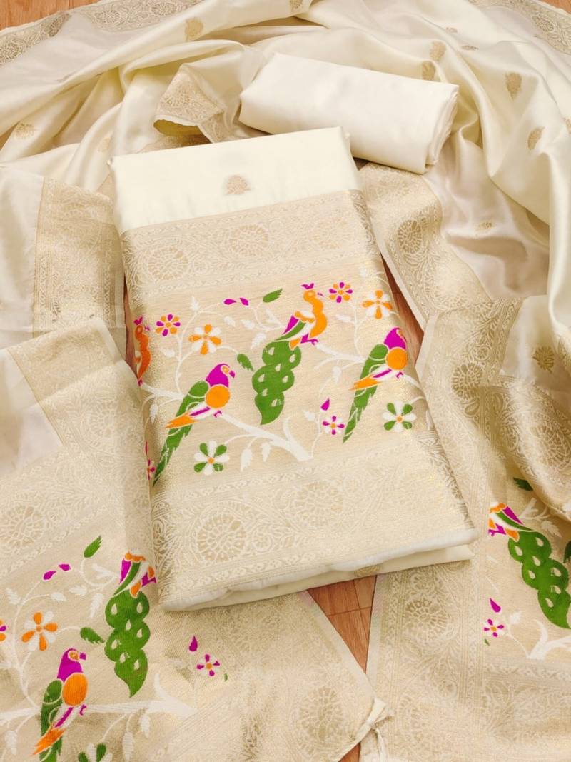 White soft banarasi silk pure zari woven design dress material