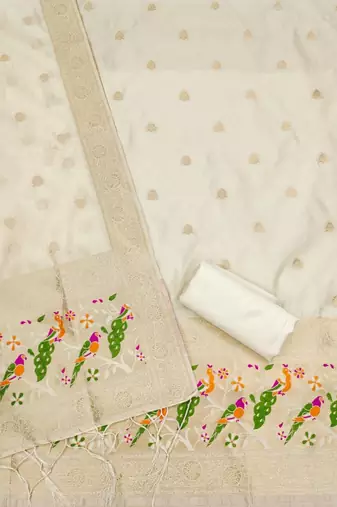 White soft silk blend silk pure zari woven dress material
