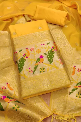Yellow soft banarasi silk pure zari woven design dress material