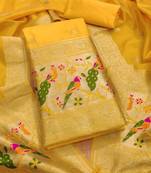 Yellow soft banarasi silk pure zari woven design dress material