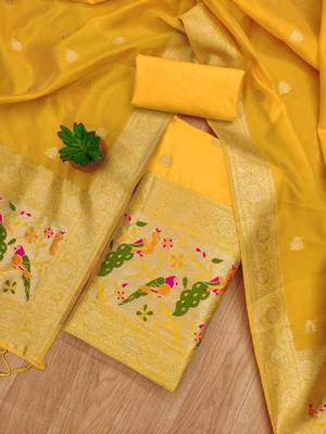 Yellow soft silk blend silk pure zari woven dress material 3