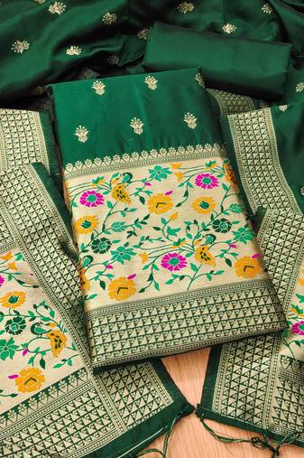 Bottle green soft banarasi silk pure zari woven design dress material