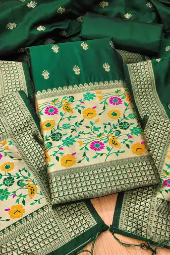 Bottle green soft banarasi silk pure zari woven design dress material