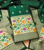Bottle green soft banarasi silk pure zari woven design dress material