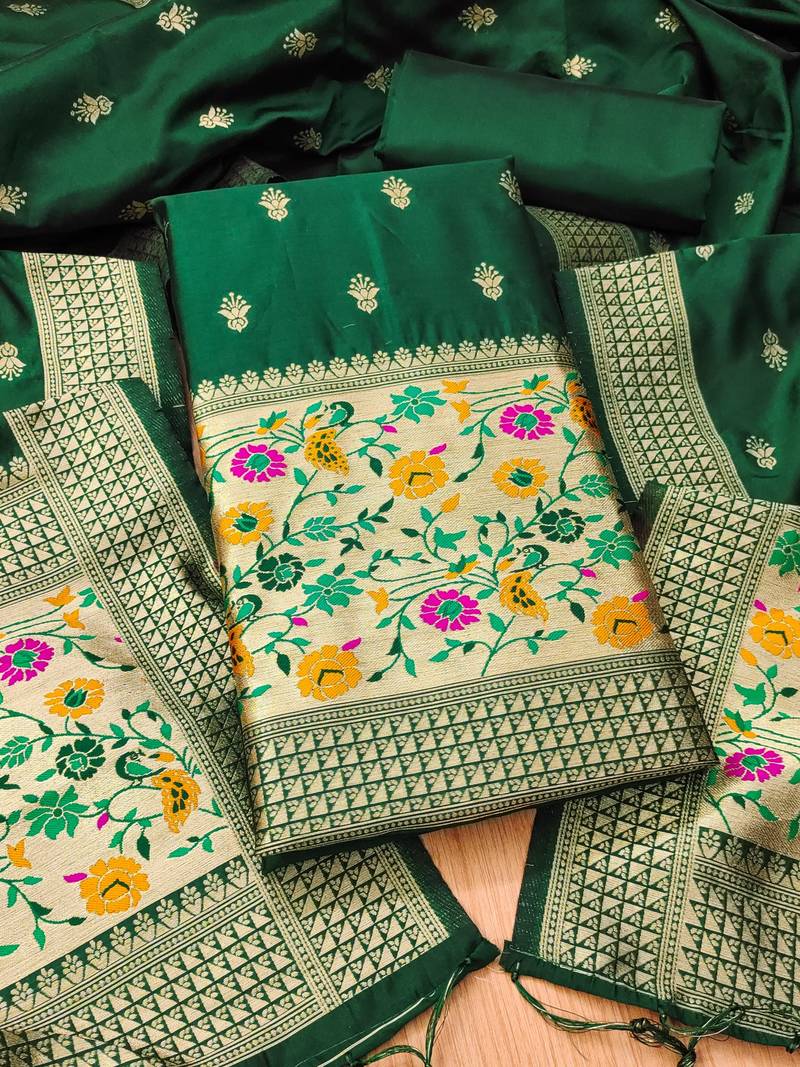 Bottle green soft banarasi silk pure zari woven design dress material