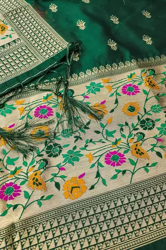 Bottle green soft silk blend silk pure zari woven dress material