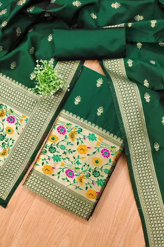 Bottle green soft silk blend silk pure zari woven dress material
