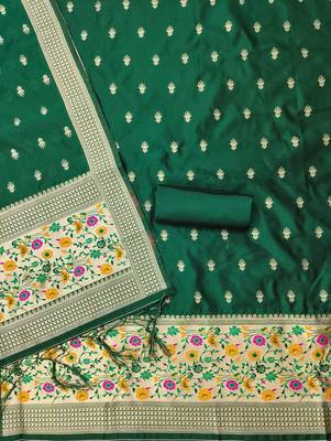 Bottle green soft silk blend silk pure zari woven dress material 4