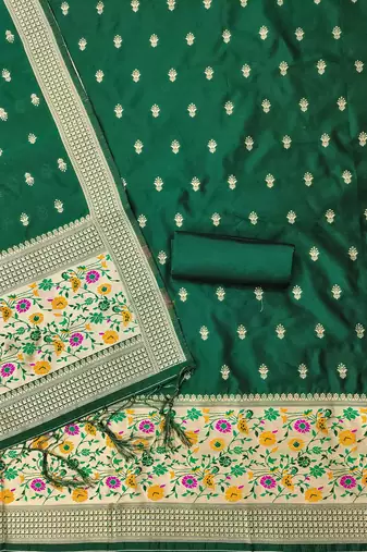 Bottle green soft silk blend silk pure zari woven dress material