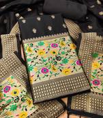 Black soft banarasi silk pure zari woven design dress material