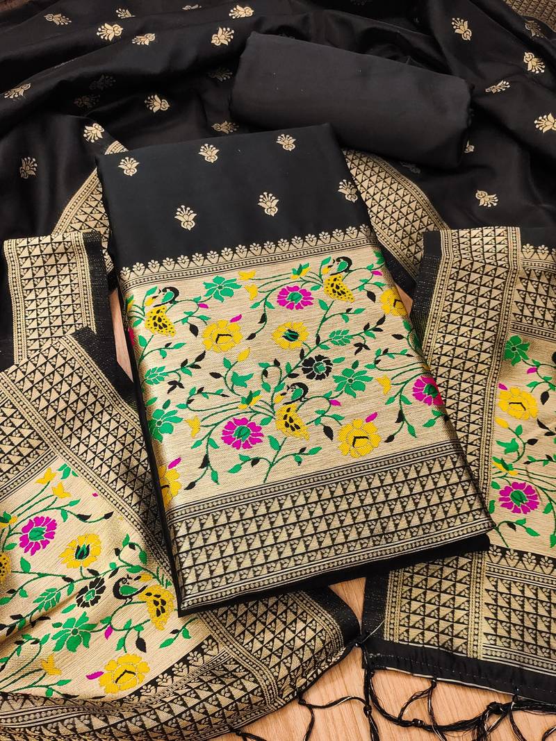 Black soft banarasi silk pure zari woven design dress material