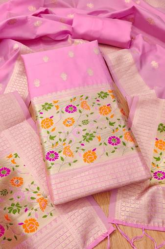 Baby pink soft banarasi silk pure zari woven design dress material