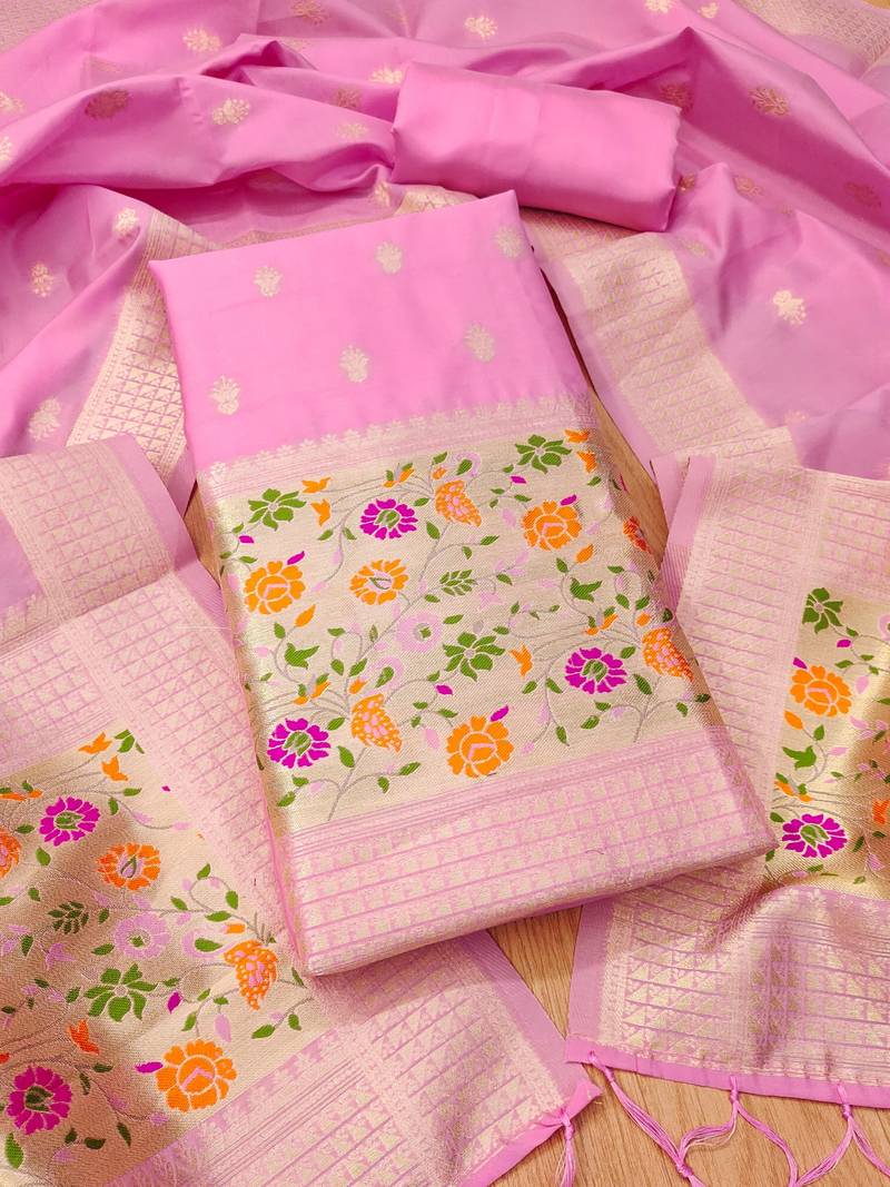 Baby pink soft banarasi silk pure zari woven design dress material