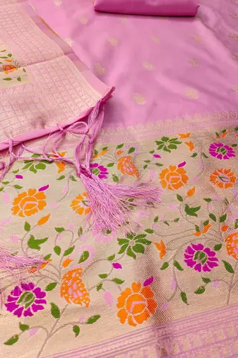 Baby pink soft silk blend silk pure zari woven dress material