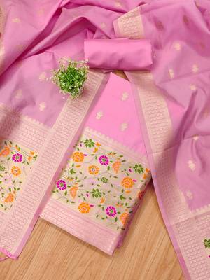 Baby pink soft silk blend silk pure zari woven dress material 3