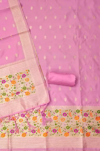 Baby pink soft silk blend silk pure zari woven dress material